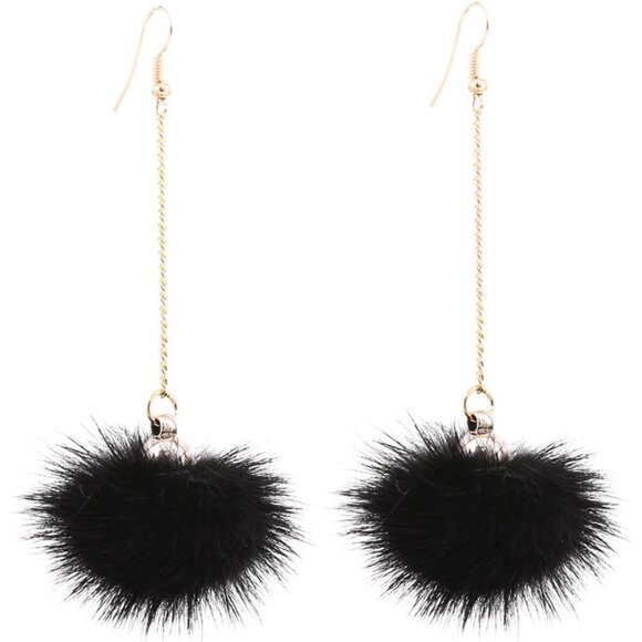 Jewelry - Trendy Rabbit Fur Pom Pom Earrings with Stylish Gold Chain - Statement Jewelry